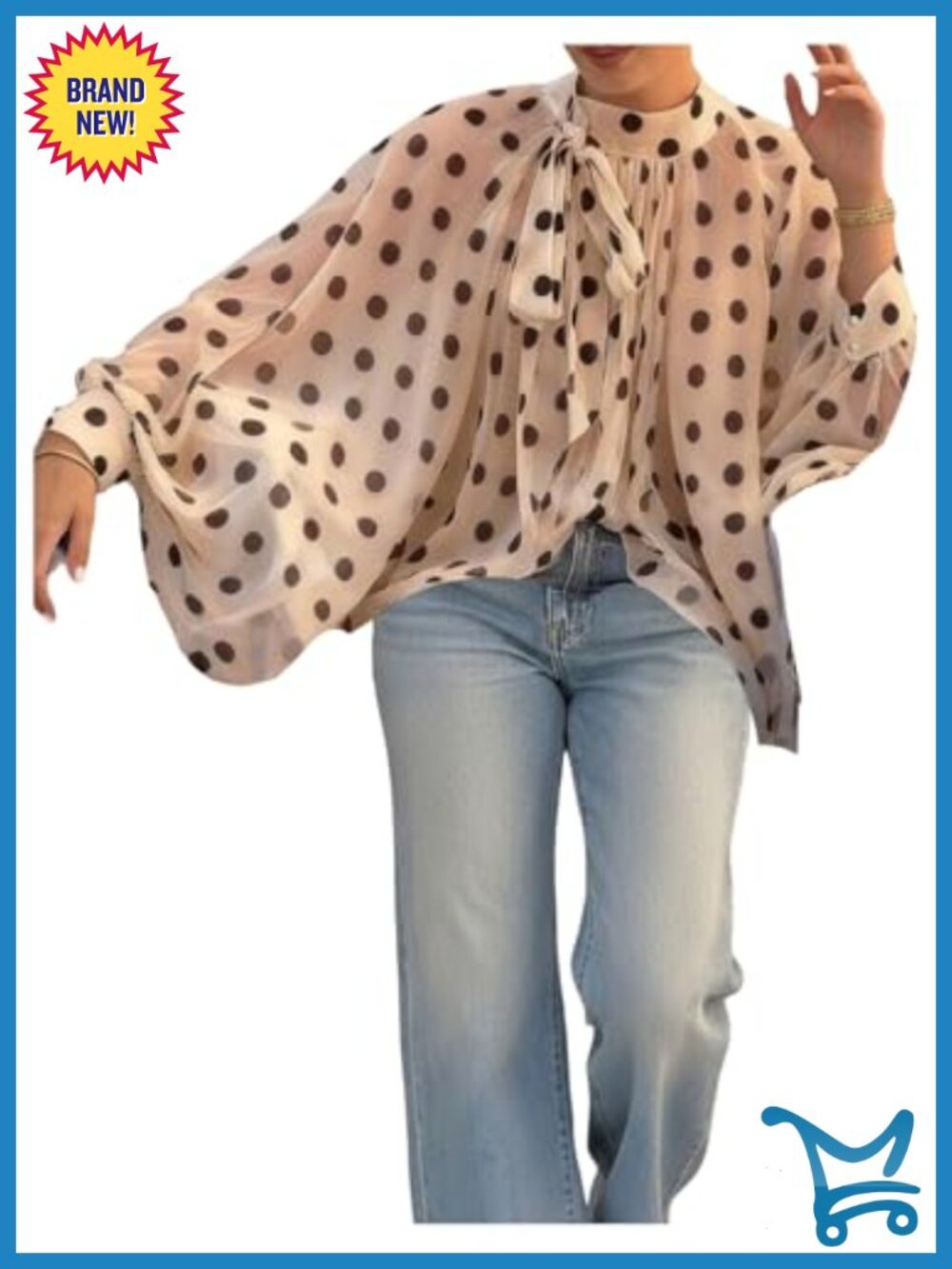 Polka Dot Bishop Sleeve Tie Neck Mesh Blouse Loose Fit Top